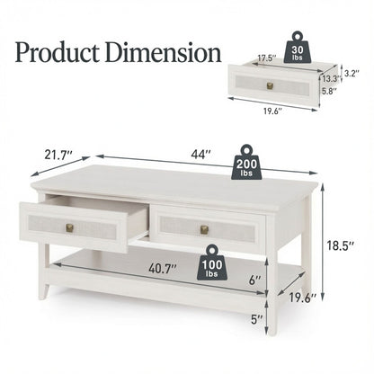 Coffee Table With Drawers &amp; Storage Shelf - White