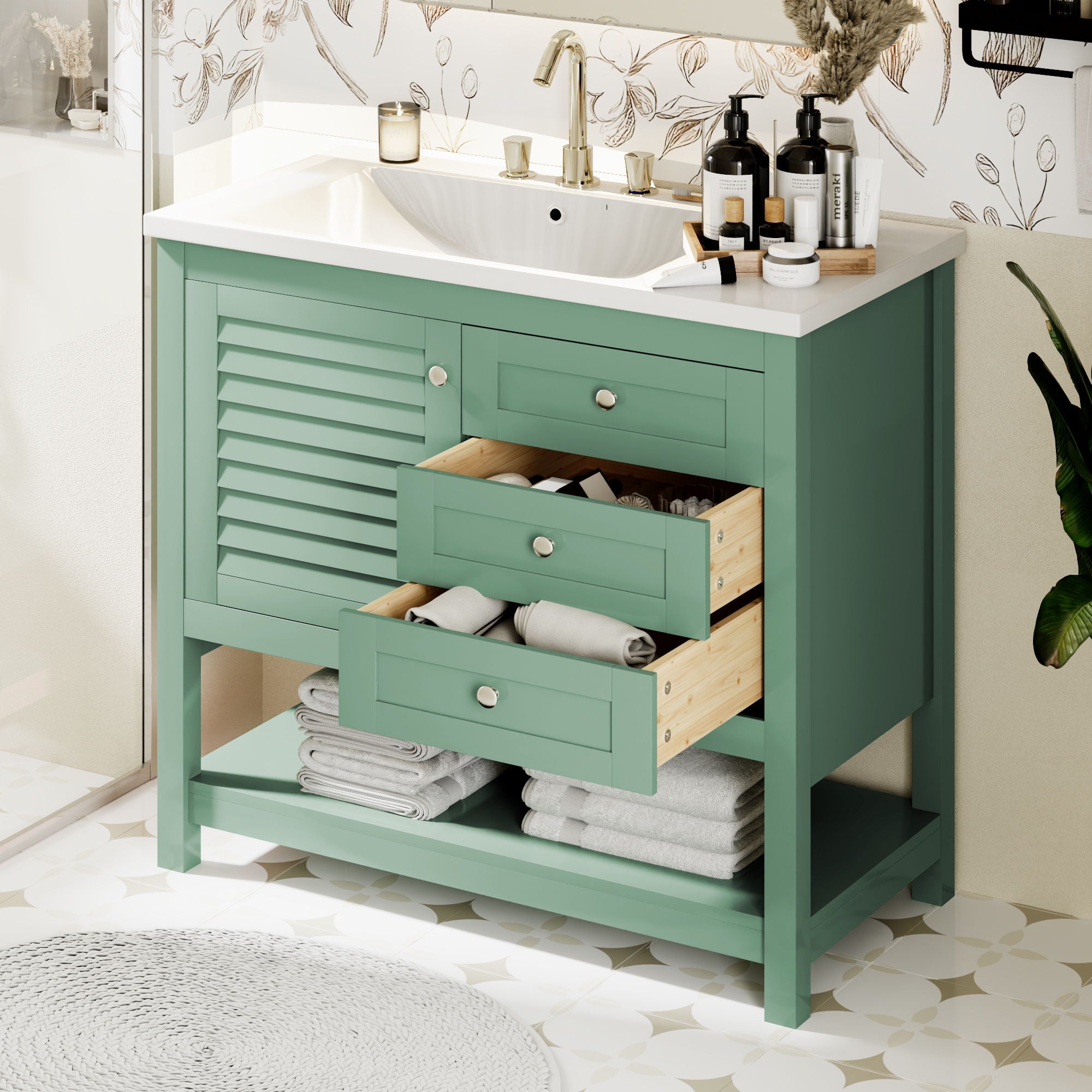 Bathroom Vanity With Undermount Sink, Free Standing Vanity Set With 2 Drawers &amp; Soft Closing Doors, Bathroom Storage Cabinet With Feet - Green