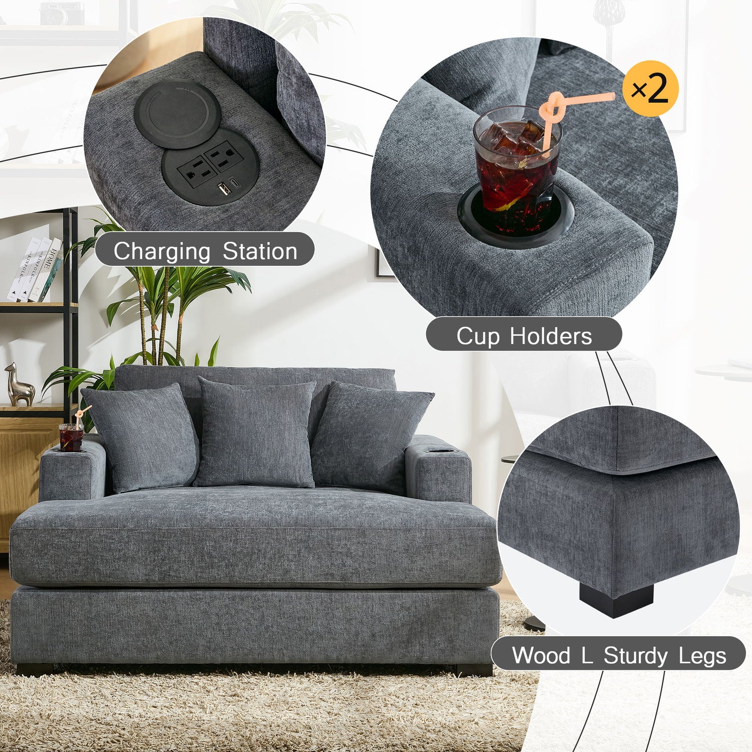 Oversized Chaise Lounger Modern Style Sofa Couch, With Pillows, Charge Station &amp; Cup Holders