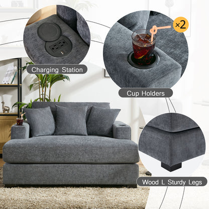Oversized Chaise Lounger Modern Style Sofa Couch, With Pillows, Charge Station &amp; Cup Holders