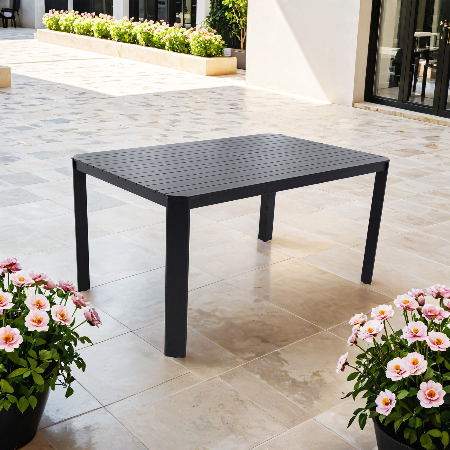 Modern Outdoor Table With Alternating Wide And Narrow Slats, Angled Corners, 2&quot; Big Umbrella Hole, And Adjustable Non Slip Pads - Bourbon Brown
