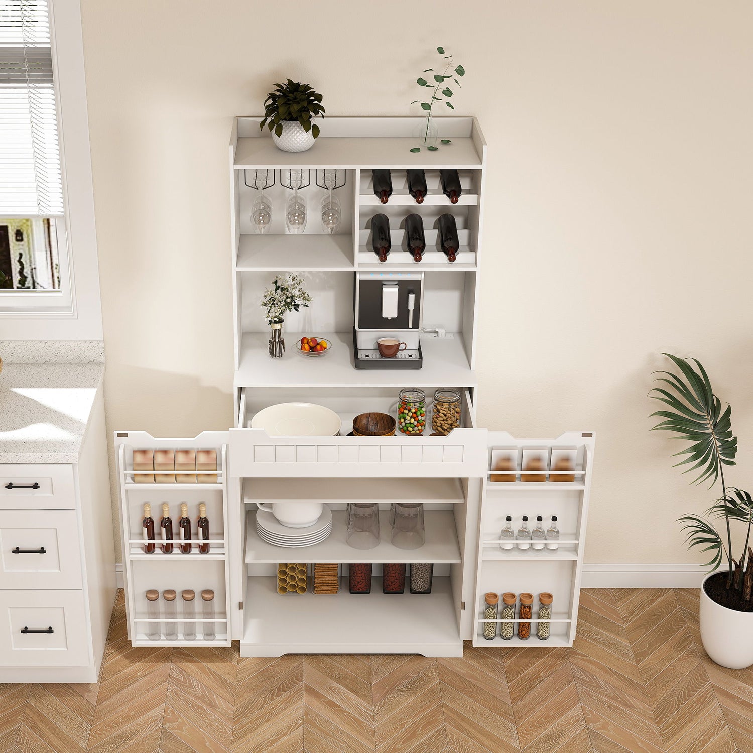 Modern Farmhouse Buffet Cabinet With Hutch Kitchen Storage Sideboard With Drawers &amp; Barn Doors - White
