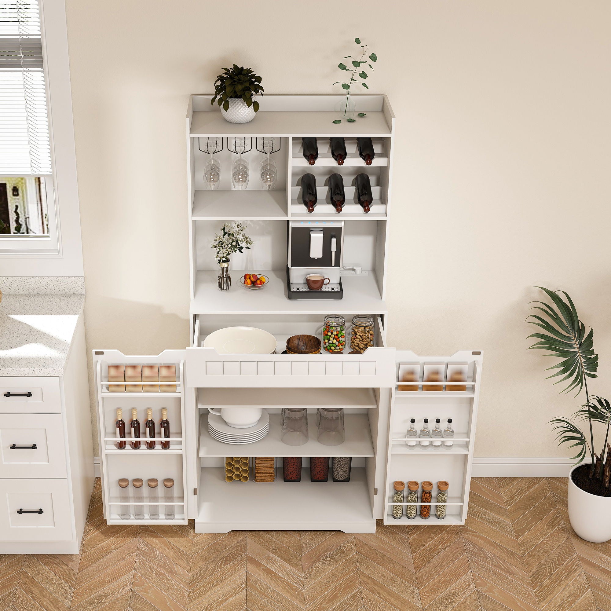 Modern Farmhouse Buffet Cabinet With Hutch Kitchen Storage Sideboard With Drawers &amp; Barn Doors - White