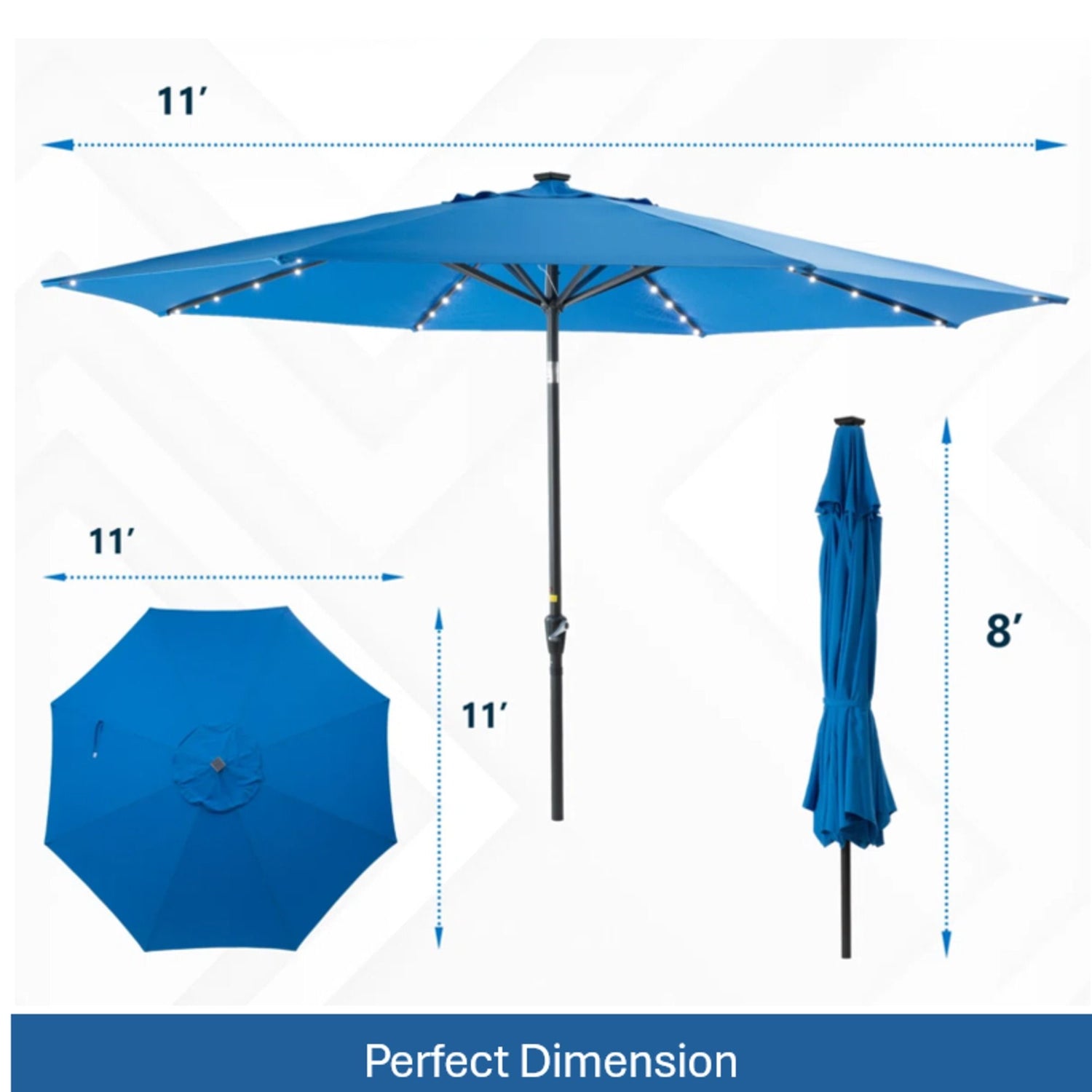 Solar LED Patio Umbrella With Crank Lift And Tilt, 8 Ribs, UV Resistant Canopy For Pool, Backyard &amp; Patio (Without Base) - Blue
