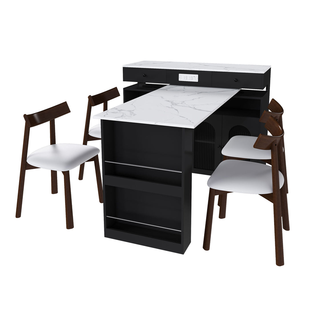 Retro Kitchen Island Set With Chairs, Extendable &amp; Rotating Table, 4 Drawers &amp; Door Cabinets