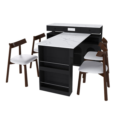 Retro Kitchen Island Set With Chairs, Extendable &amp; Rotating Table, 4 Drawers &amp; Door Cabinets