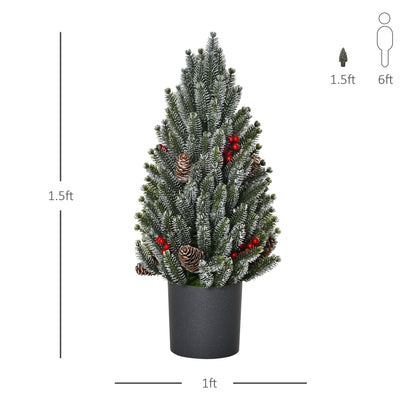 HOMCOM 18&quot; Tall Unlit Miniature Snow-Flocked Tabletop Artificial Christmas Tree, Holiday Decoration with Pine Cones and Berries