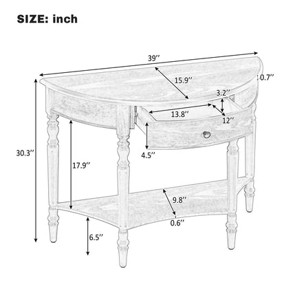 Half Moon Console Table With Drawer &amp; Shelf For Living Room - Walnut