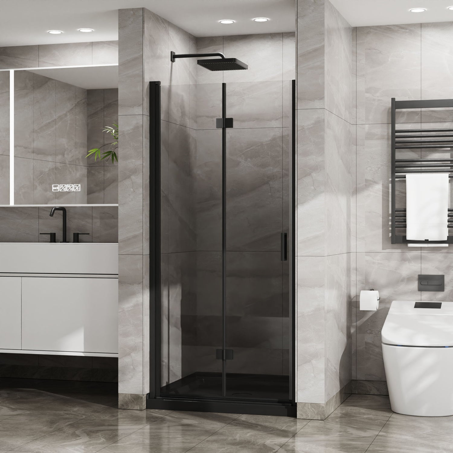Bifold Frameless Glass Shower Door With Pivot Swing Panel, Tempered Clear Glass