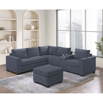 Contemporary L-Shaped Sectional Set With USB Console &amp; Ottoman
