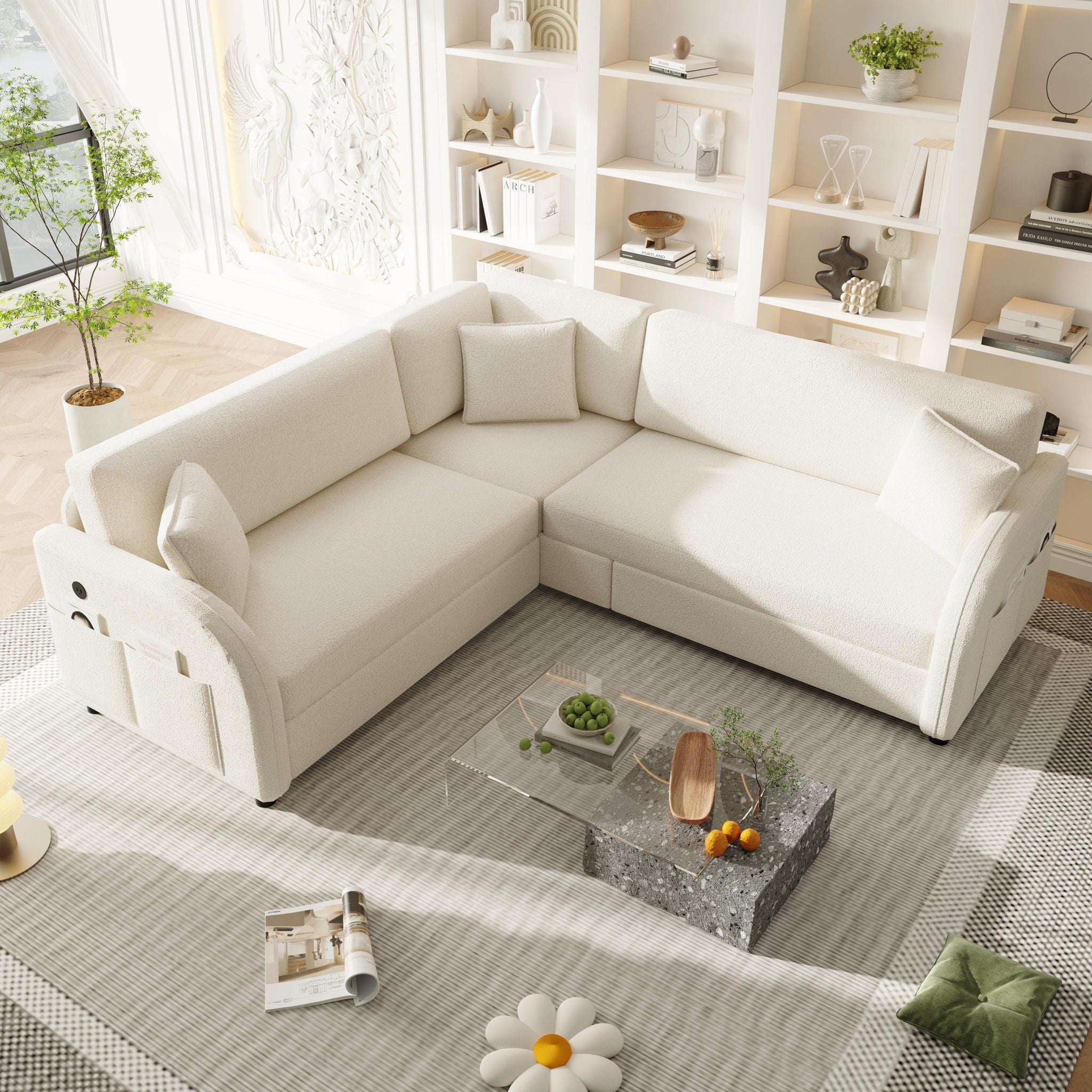 L-Shaped Couch With Pull-Out Bed, Oversize Convertible Sleeper Sofa With Side Pocket &amp; USB Port