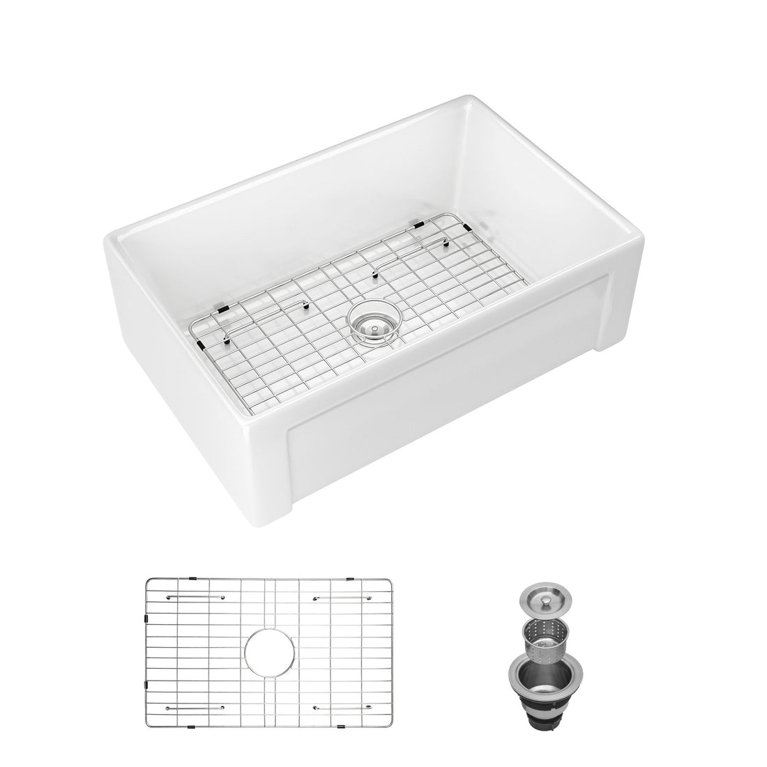 Sink 30&quot; Apron Front Reversible Single Bowl Kitchen Sink With Grid, Strainer - White