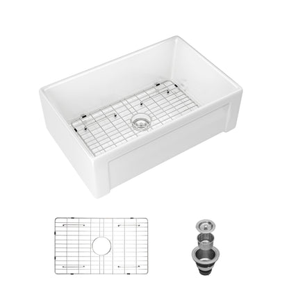 Sink 30&quot; Apron Front Reversible Single Bowl Kitchen Sink With Grid, Strainer - White