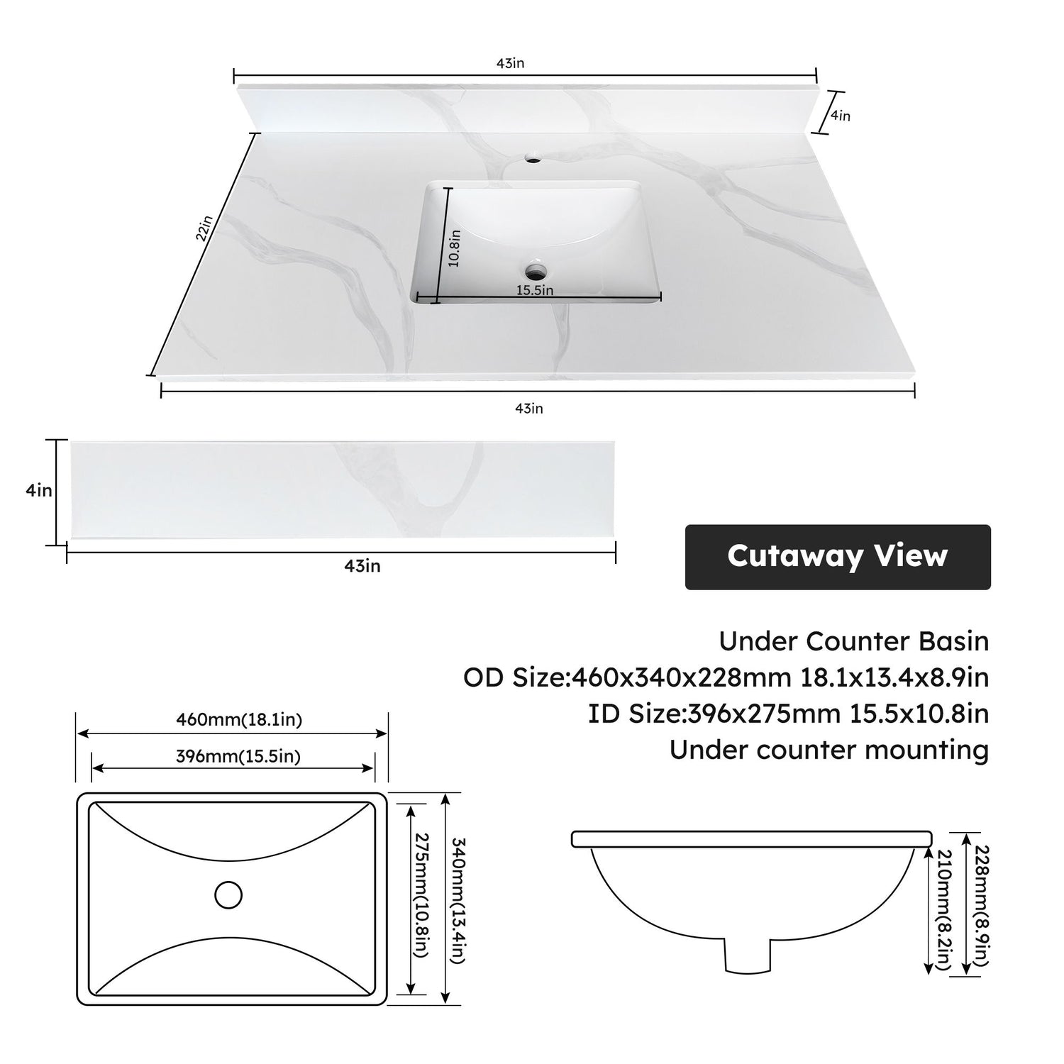 Bathroom Vanity Top With Undermount Single Bowl Sink