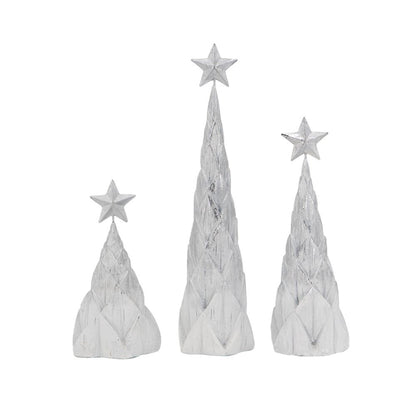 Resin / Foil Christmas Tree With Star Top (Set of 3) - White / Silver