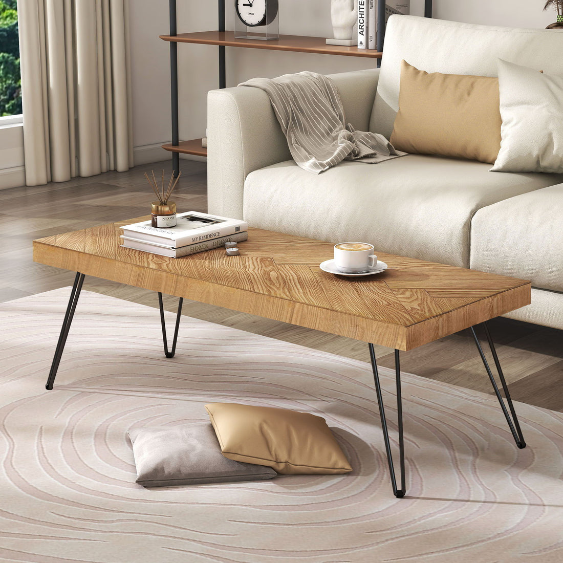 Modern Coffee Table Tea Table, Thicken Cocktail Table With With Chevron Pattern &amp; Metal Hairpin Legs For Living Room - Natural