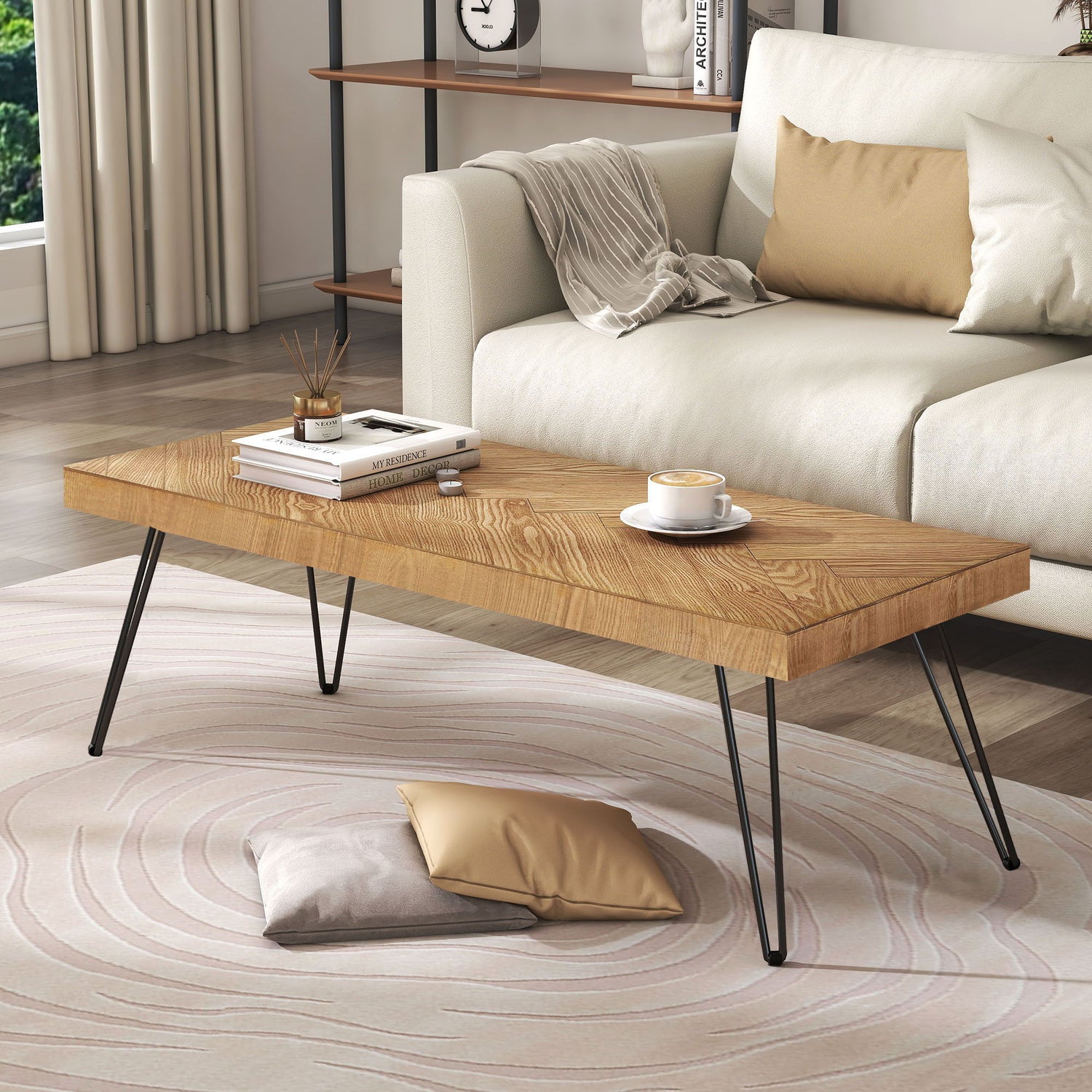 Modern Coffee Table Tea Table, Thicken Cocktail Table With With Chevron Pattern &amp; Metal Hairpin Legs For Living Room - Natural