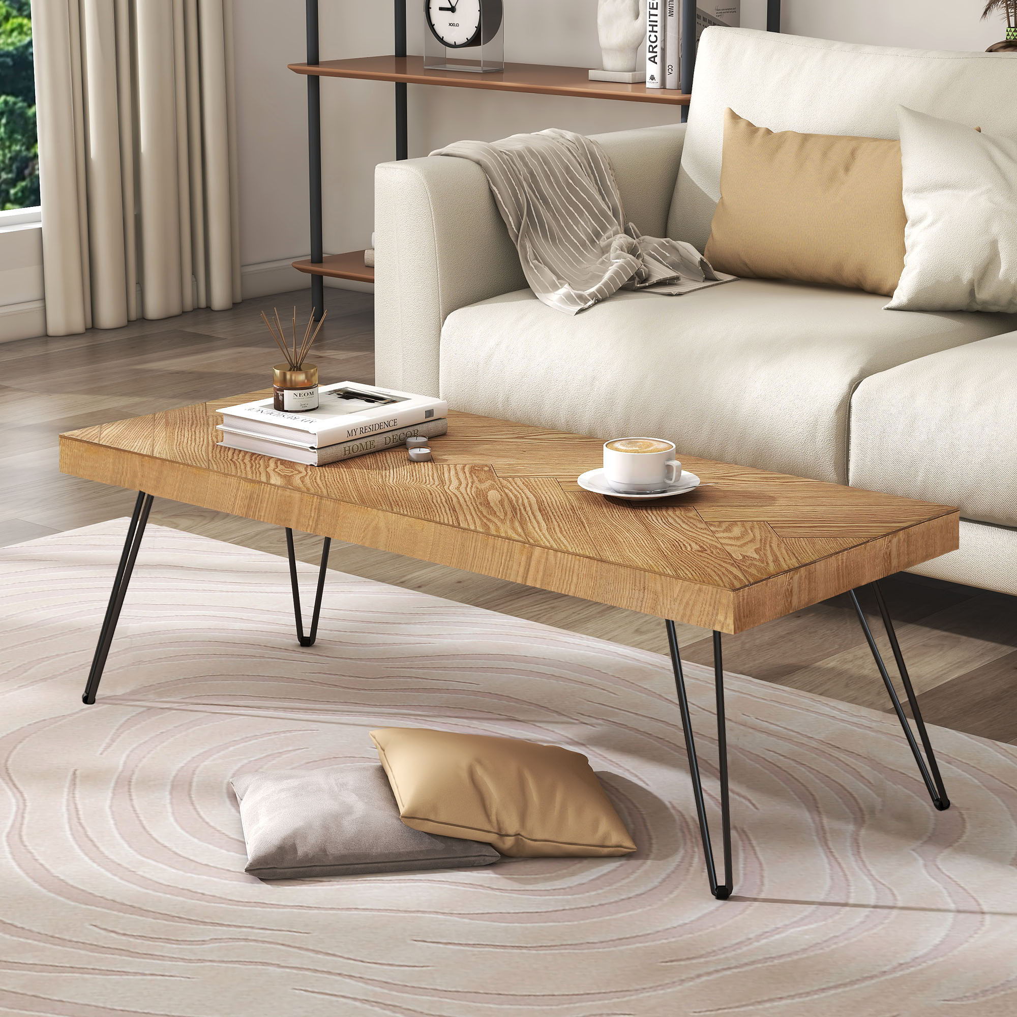 Modern Coffee Table Tea Table, Thicken Cocktail Table With With Chevron Pattern &amp; Metal Hairpin Legs For Living Room - Natural