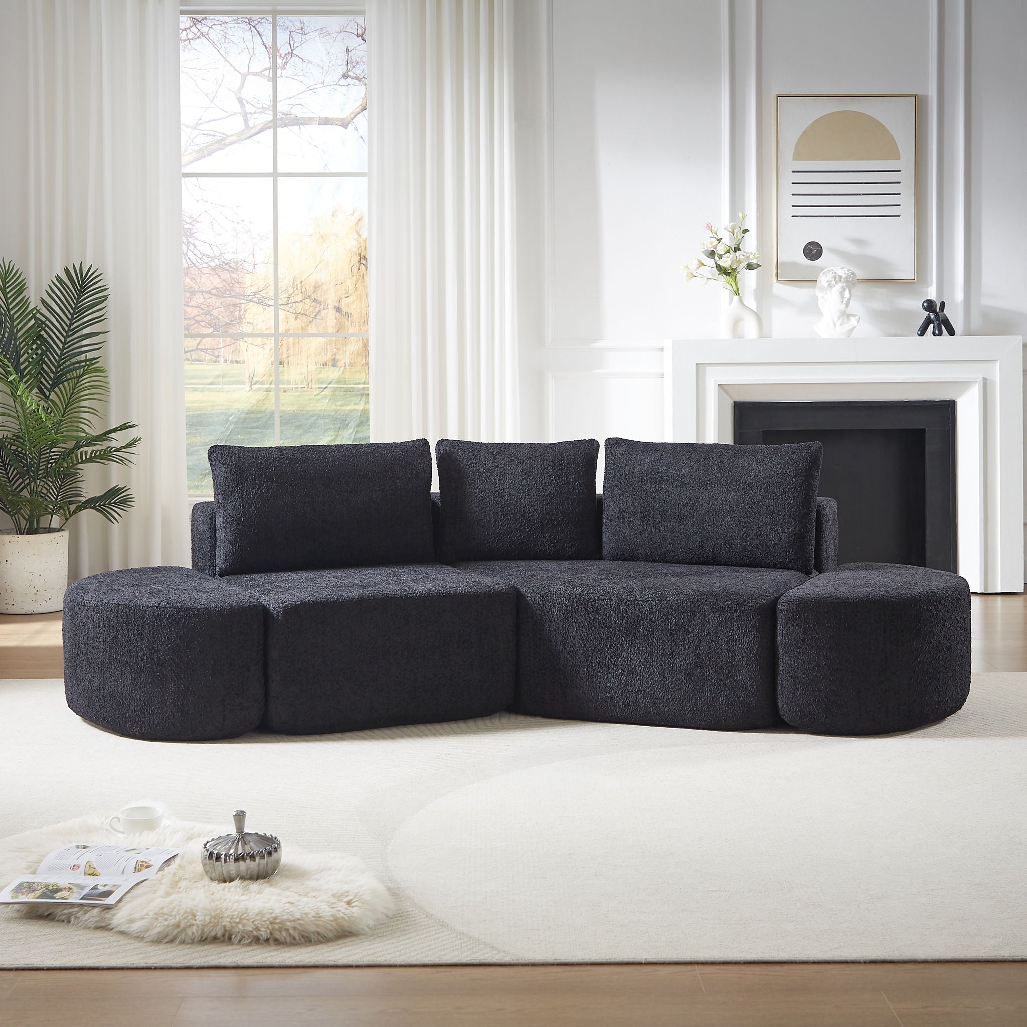 V - Shaped Modular Sofa Set &amp; 3 Pillows And 2 Curved Ottomans For Living Rooms - Black