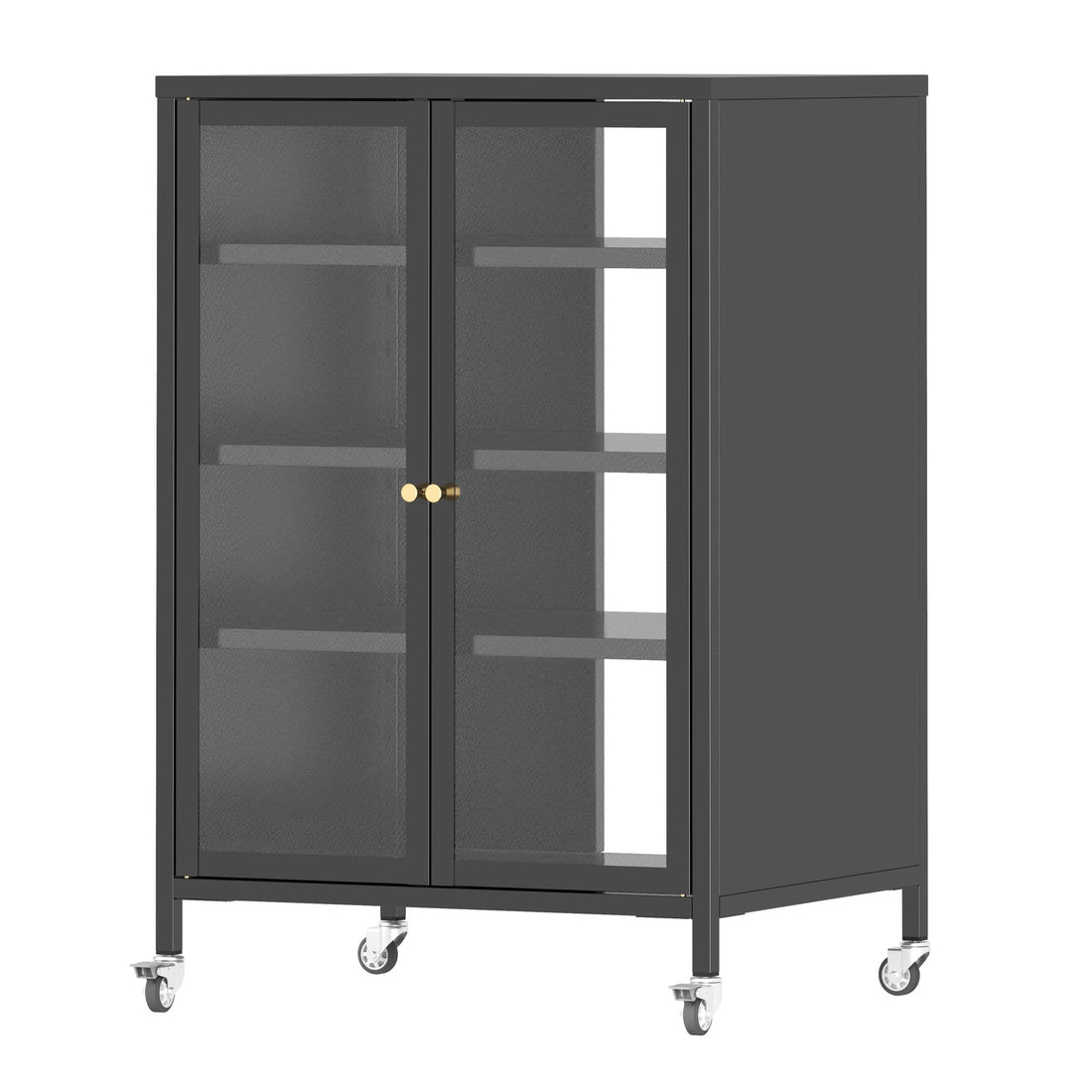 Media Storage Cabinet With Wheels, 4 Adjustable Glass Shelves &amp; Door, Heavy-Duty - Black