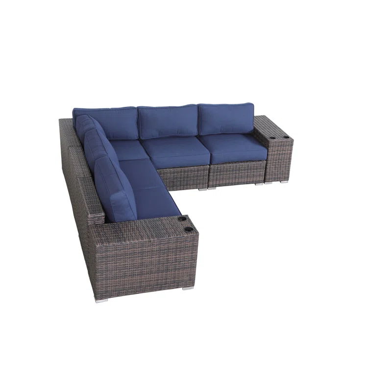 Rattan Wicker 4 Person Seating Group With Cushions Stylish &amp; Comfortable Outdoor Lounge Set - Brown / Navy Blue