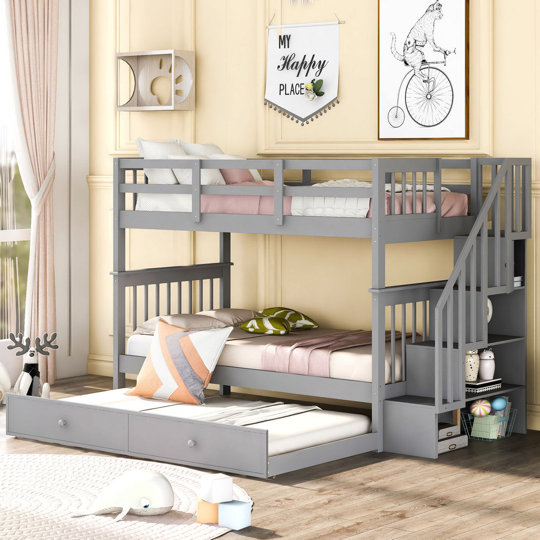 Stairway Bunk Bed &amp; Storage And Guard Rail For Bedroom
