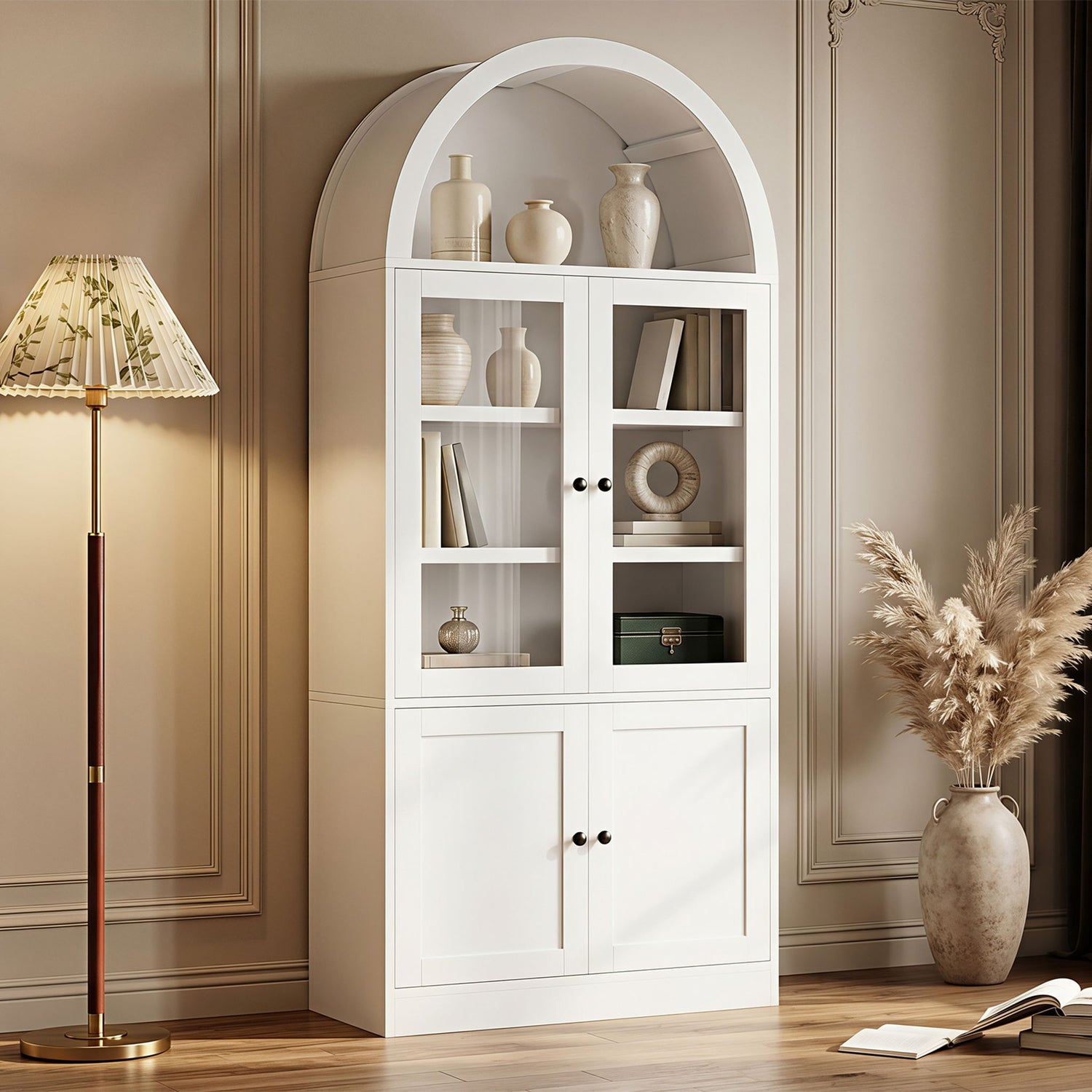Tall Arched Top Storage Cabinet With 5 Tier Shelves, Soft Close Hinges