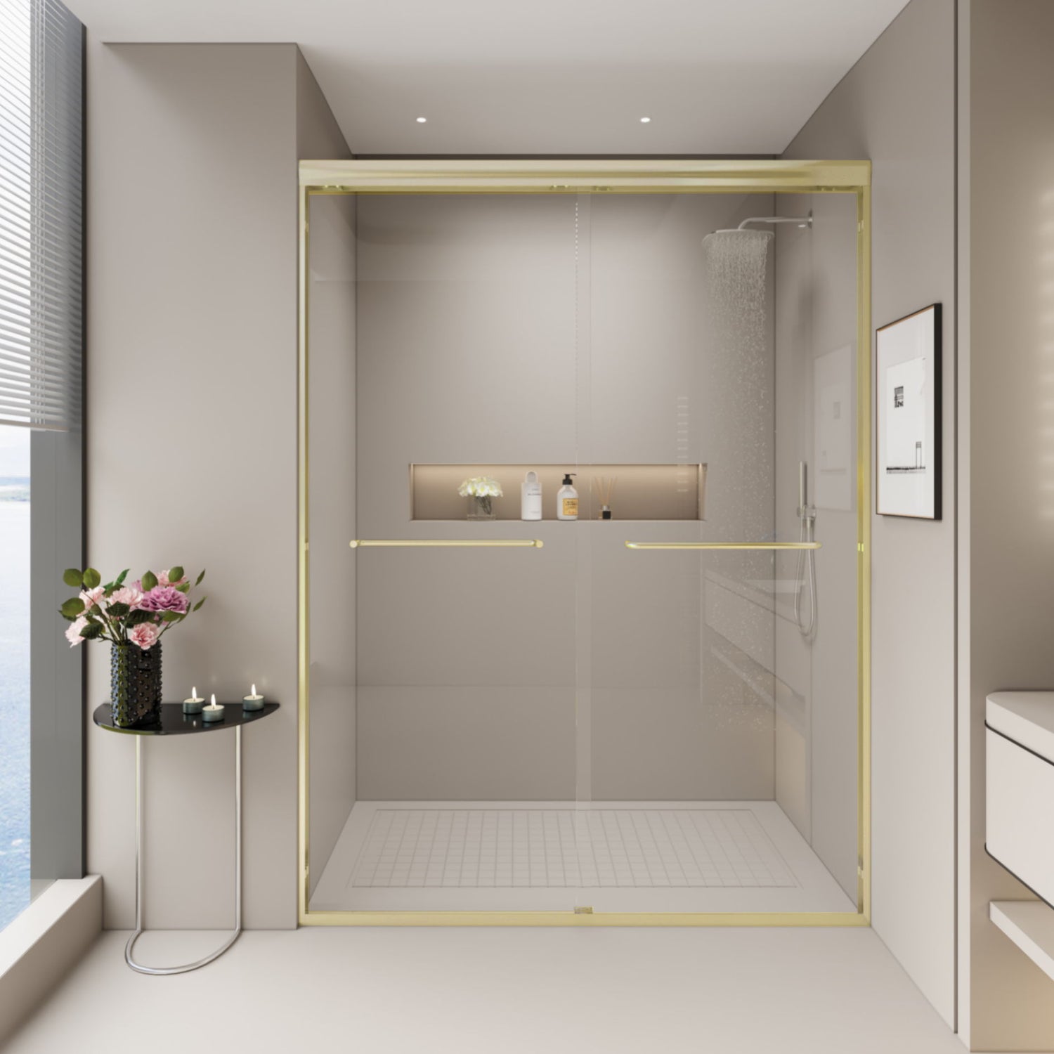 Double Sliding Shower Door, Semi-Frameless Bypass Bathroom Sliding Door With 1/4&quot; (6 Mm) Tempered Glass For Walk-In Shower