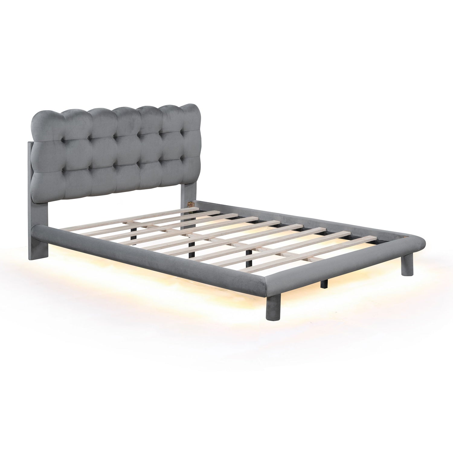 Platform Bed With LED Frame, Thick &amp; Soft And Button Tufted Design Headboard