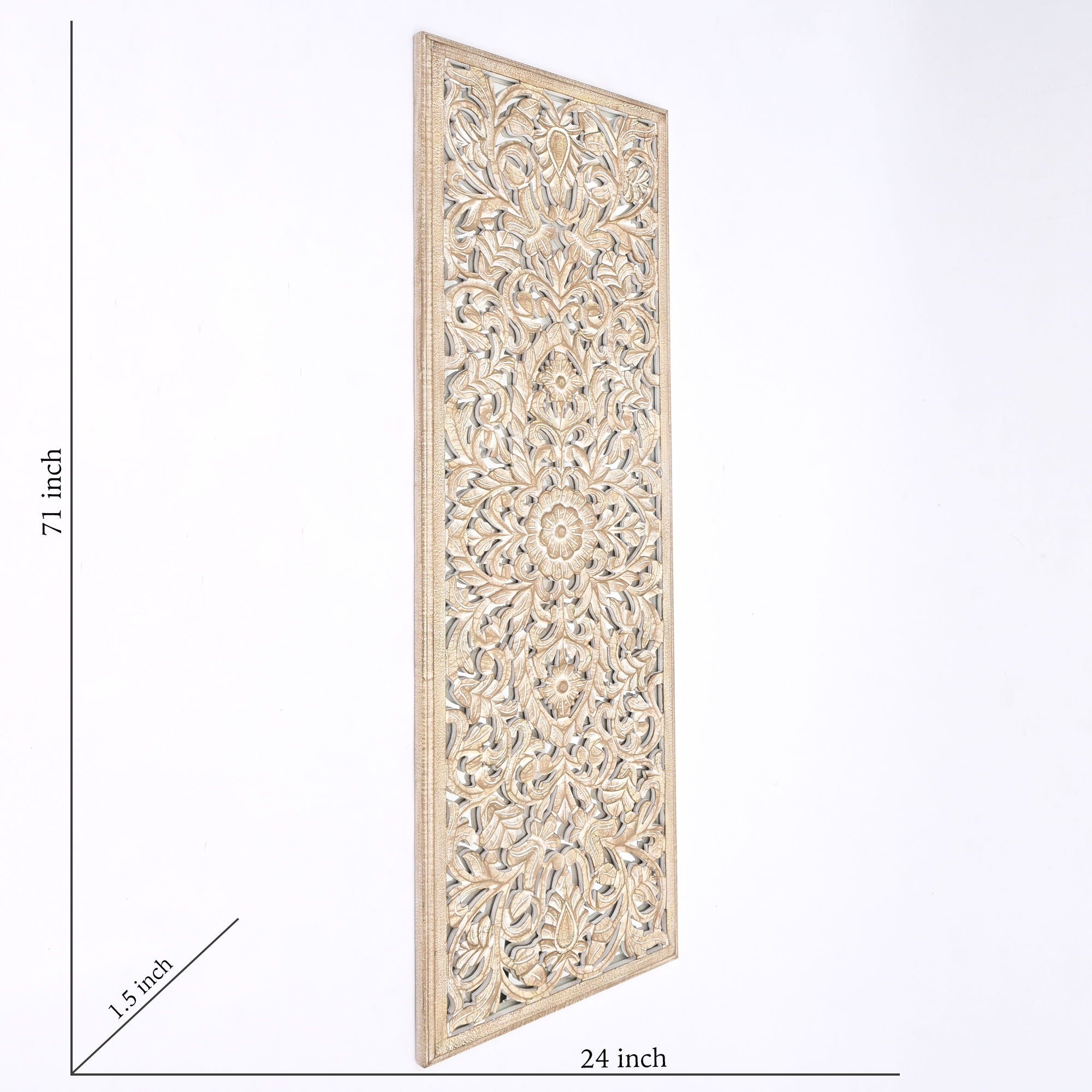 Floral Hand Carved Mandala Rectangle Wall Decor With Mirror - Antique Brown / White