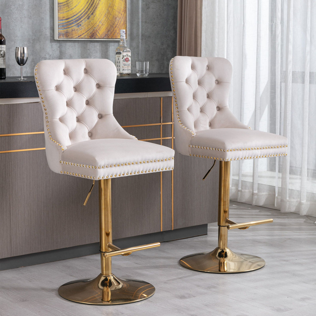 Thick Golden Swivel Velvet Barstools Adjusatble Seat Height From 25-33&quot;, Modern Upholstered Bar Stools With Backs Comfortable Tufted For Home Pub And Kitchen Island (Set of 2)
