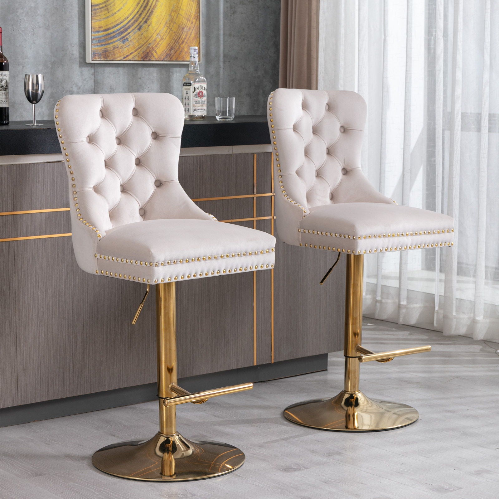Thick Golden Swivel Velvet Barstools Adjusatble Seat Height From 25-33&quot;, Modern Upholstered Bar Stools With Backs Comfortable Tufted For Home Pub And Kitchen Island (Set of 2)