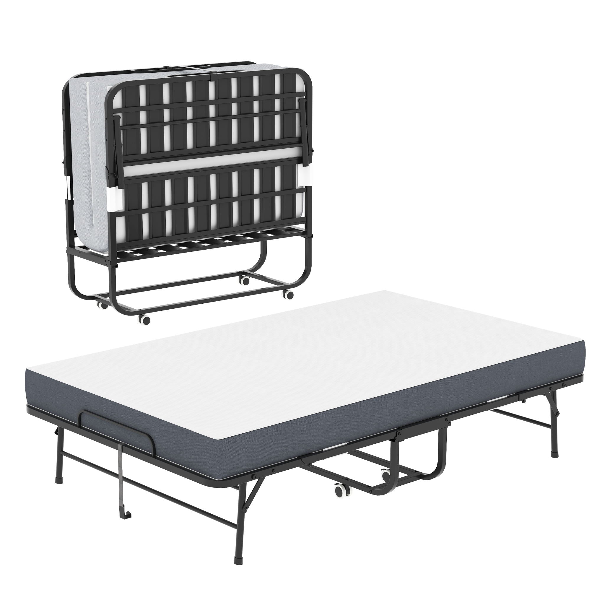 Twin Wide Folding Bed For Tall People, Extra Long &amp; Wide Rollaway With Memory Foam, Heavy-Duty Capacity Guest, Spacious Portable Cot - Black