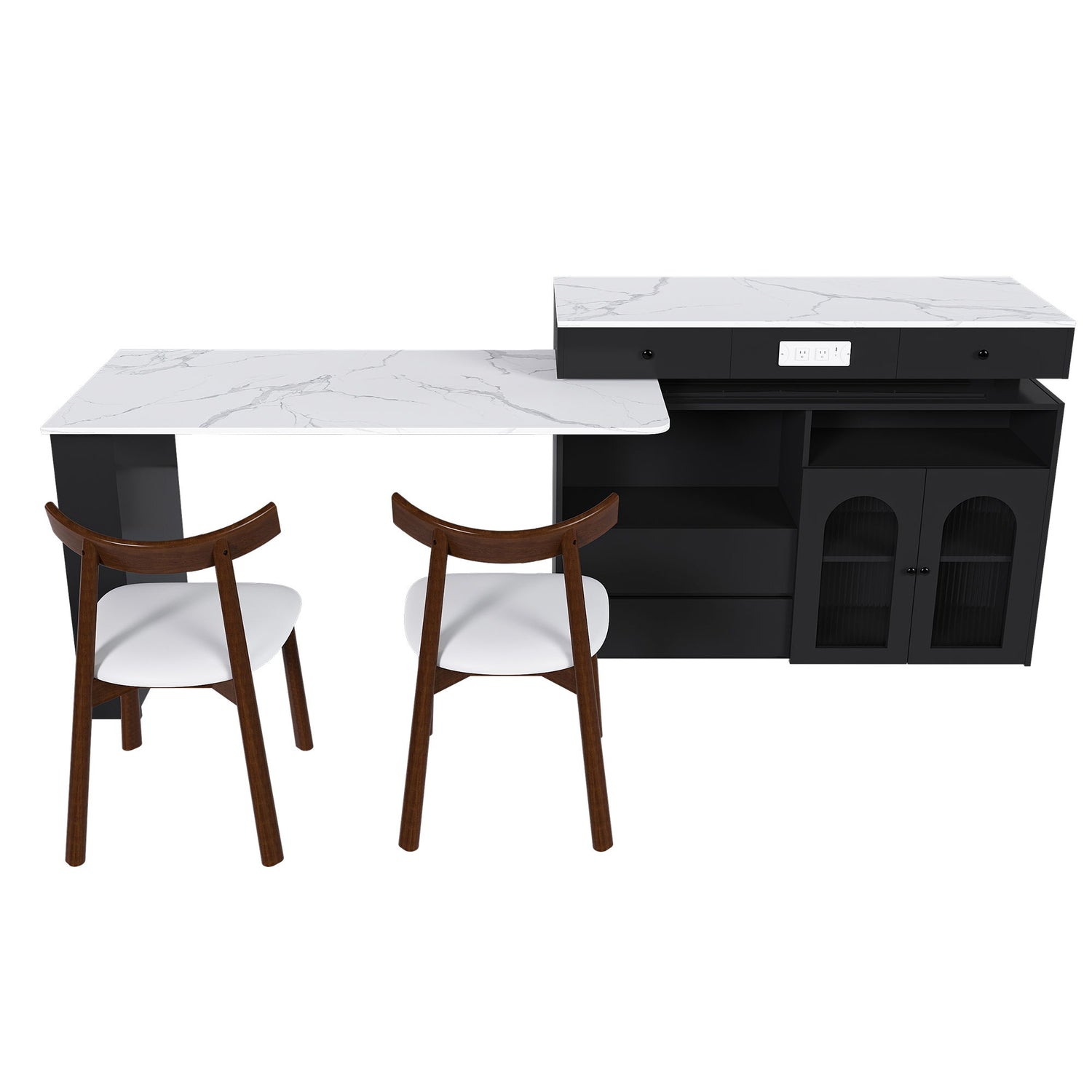 Retro Kitchen Island Set With Chairs, Extendable &amp; Rotating Table, 4 Drawers &amp; Door Cabinets