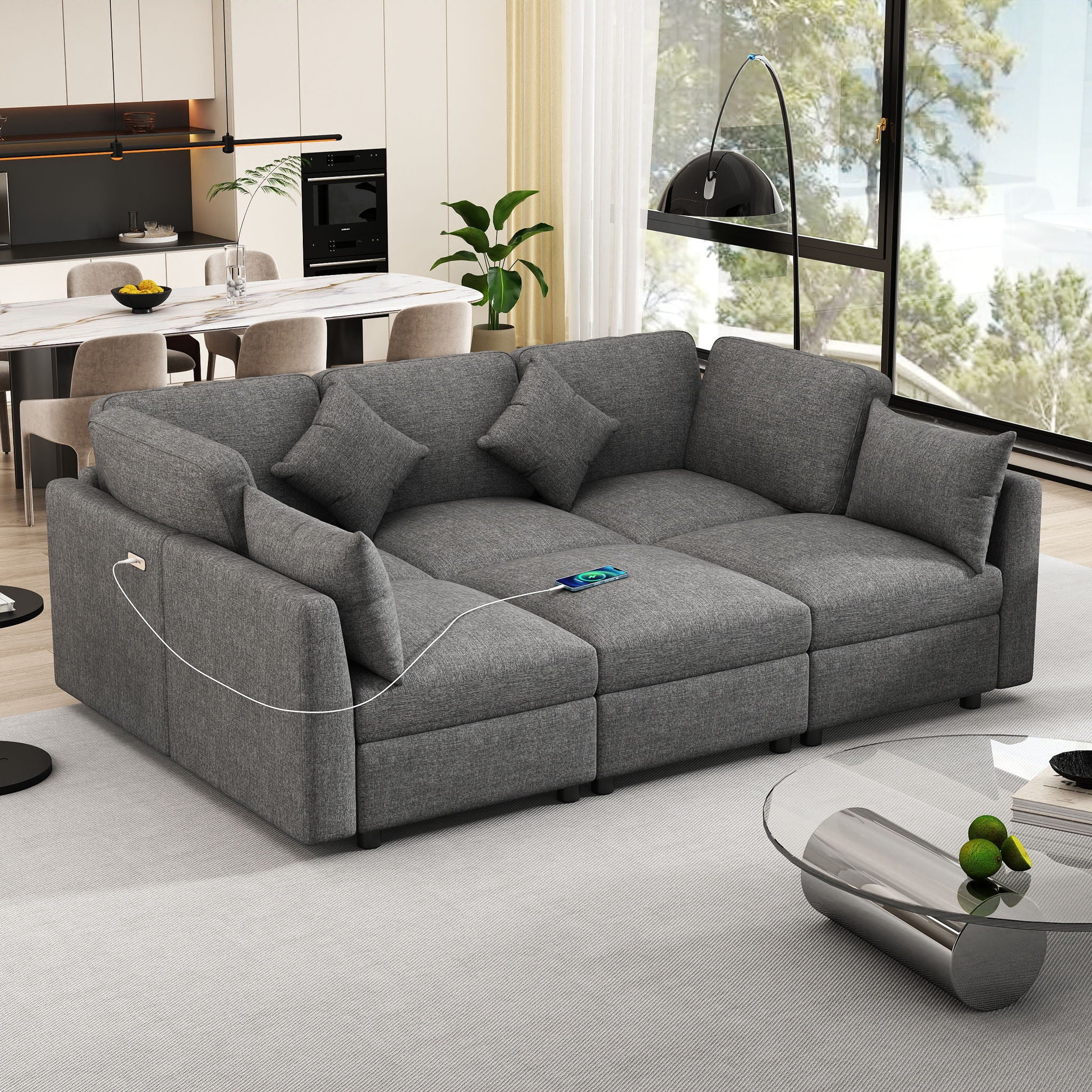 Sectional Sofa Modular U-Shaped With Ottoman &amp; USB Ports