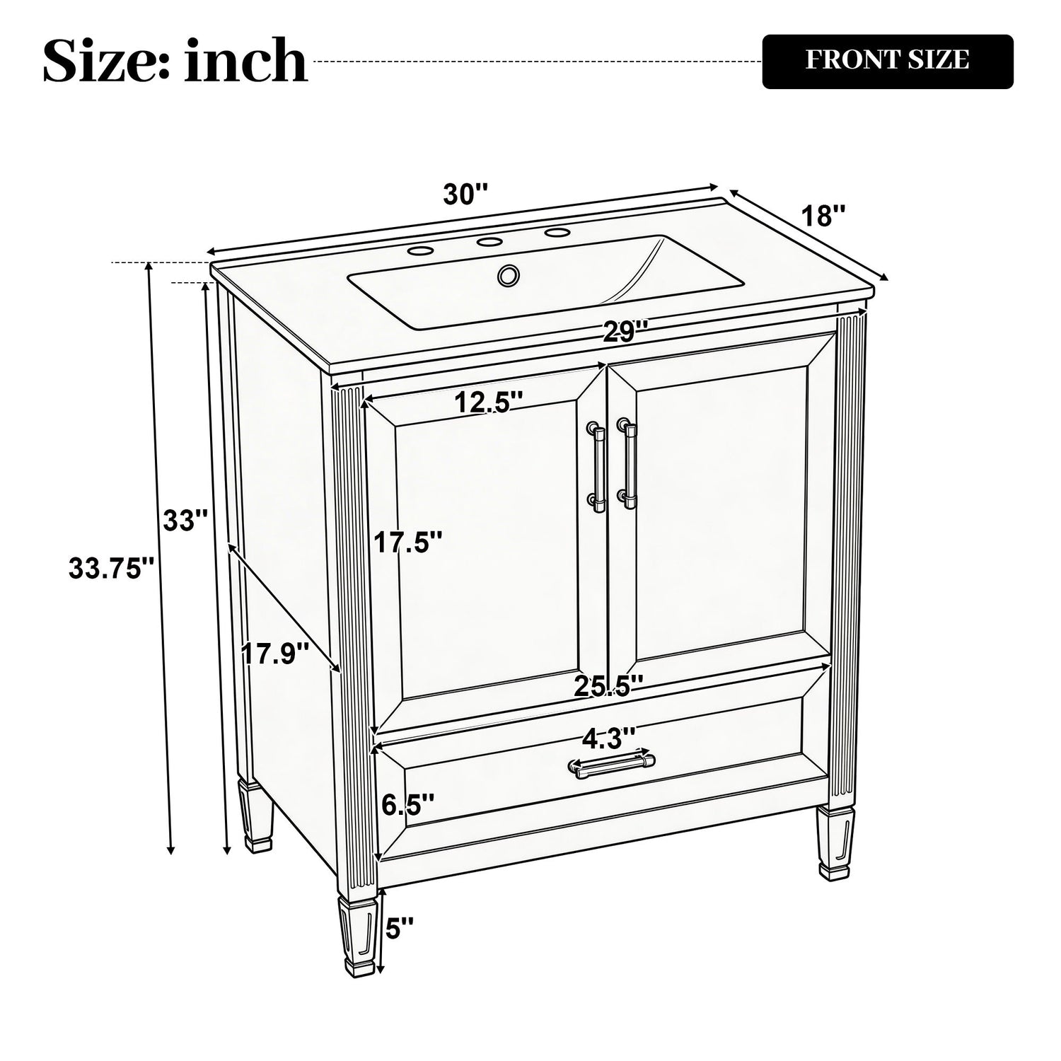 Elegant Fluted Bathroom Vanity With Sink, Soft Close Doors &amp; Drawer