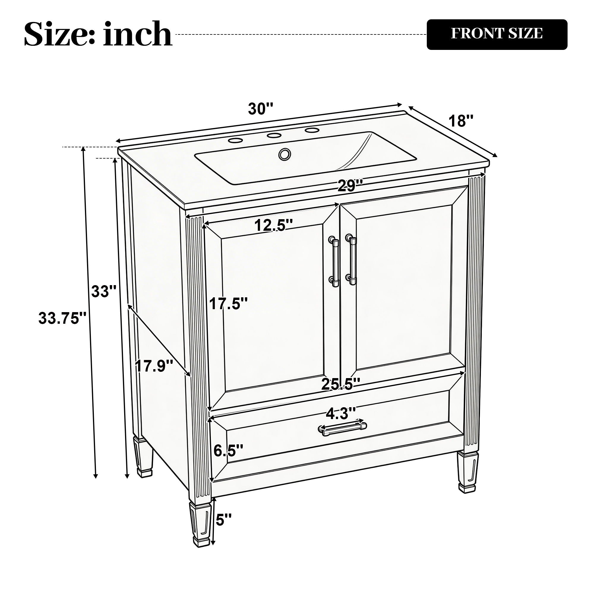 Elegant Fluted Bathroom Vanity With Sink, Soft Close Doors &amp; Drawer