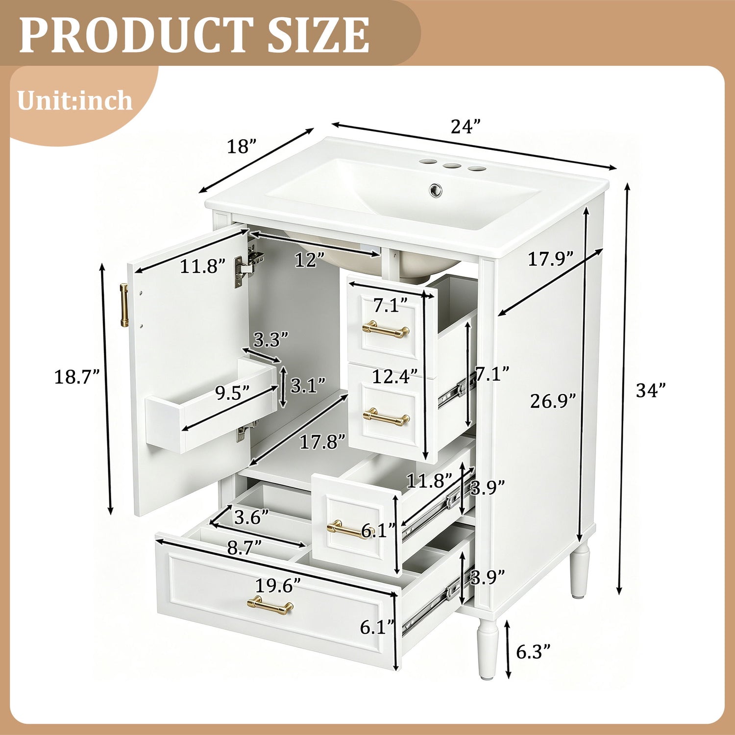 Modern Bathroom Vanity With Sink, Soft Close Doors, 3 Drawers