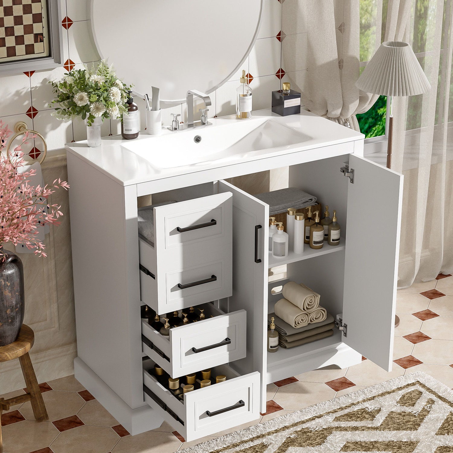 Bathroom Vanity With Sink, Soft Close Doors, Adjustable Shelf &amp; 3 Drawers