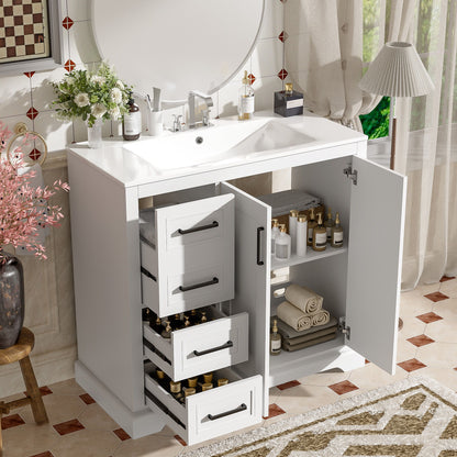 Bathroom Vanity With Sink, Soft Close Doors, Adjustable Shelf &amp; 3 Drawers
