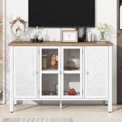 Retro TV Stand With 3 Spacious Cabinets, Glass Cabinet Doors And Anti-Tip Device