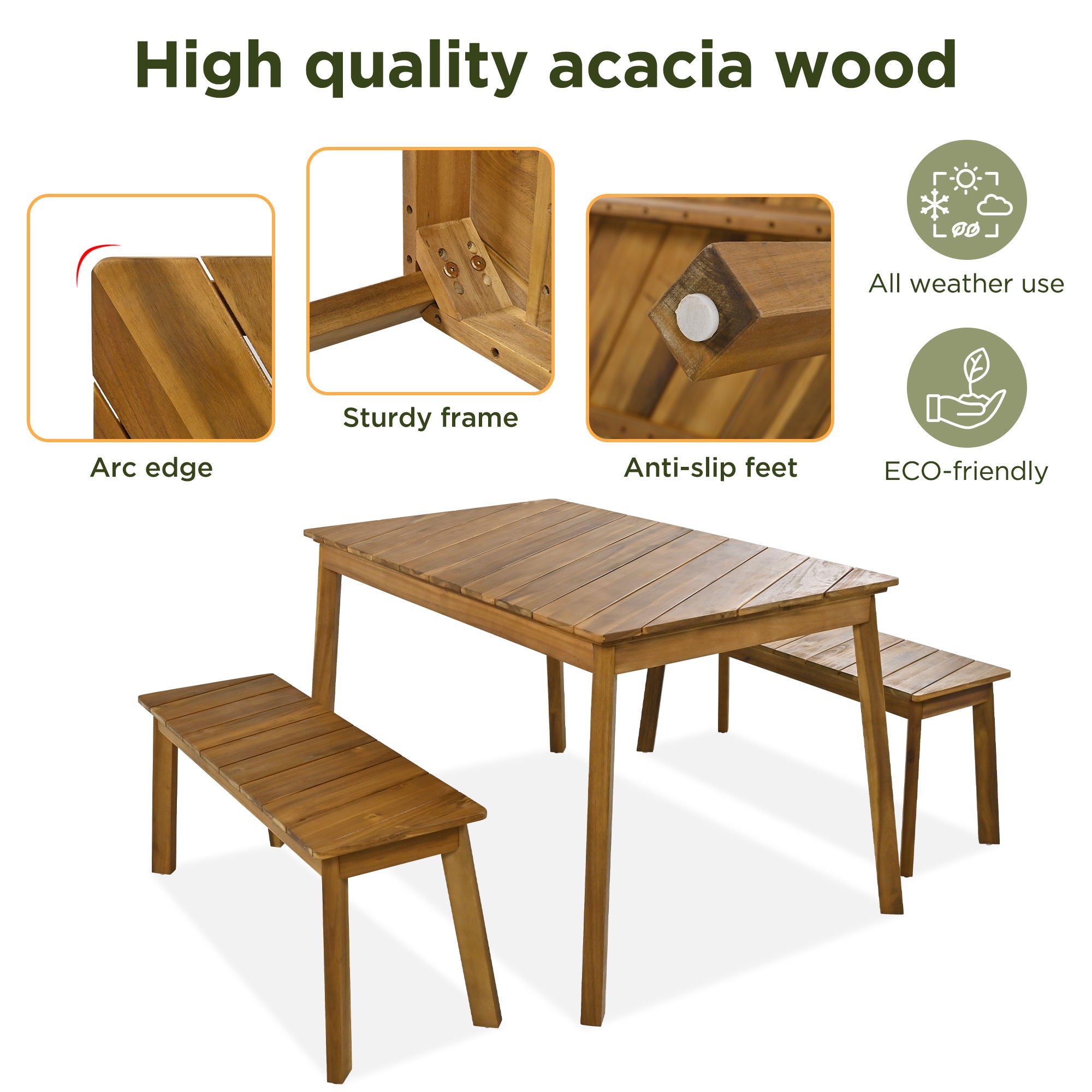 3 Pieces Acacia Wood Table Bench Dining Set For Outdoor &amp; Indoor Furniture With 2 Benches, Picnic Beer Table For Patio, Porch, Garden, Poolside - Natural