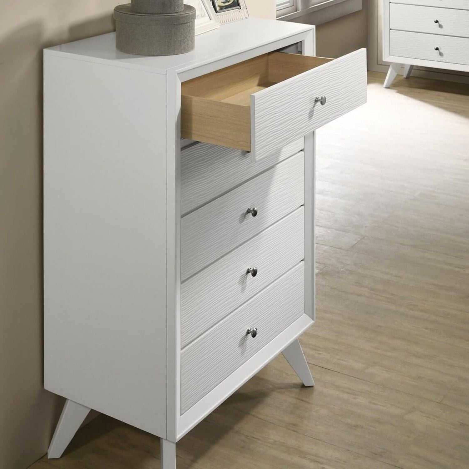 1 Piece Chest With Angled Legs, Wave Texture, Round Knobs - White