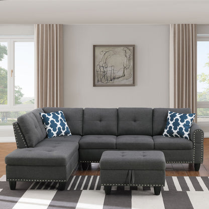 Alger - Left Hand Facing Sofa &amp; Chaise With Ottoman - Dark Gray