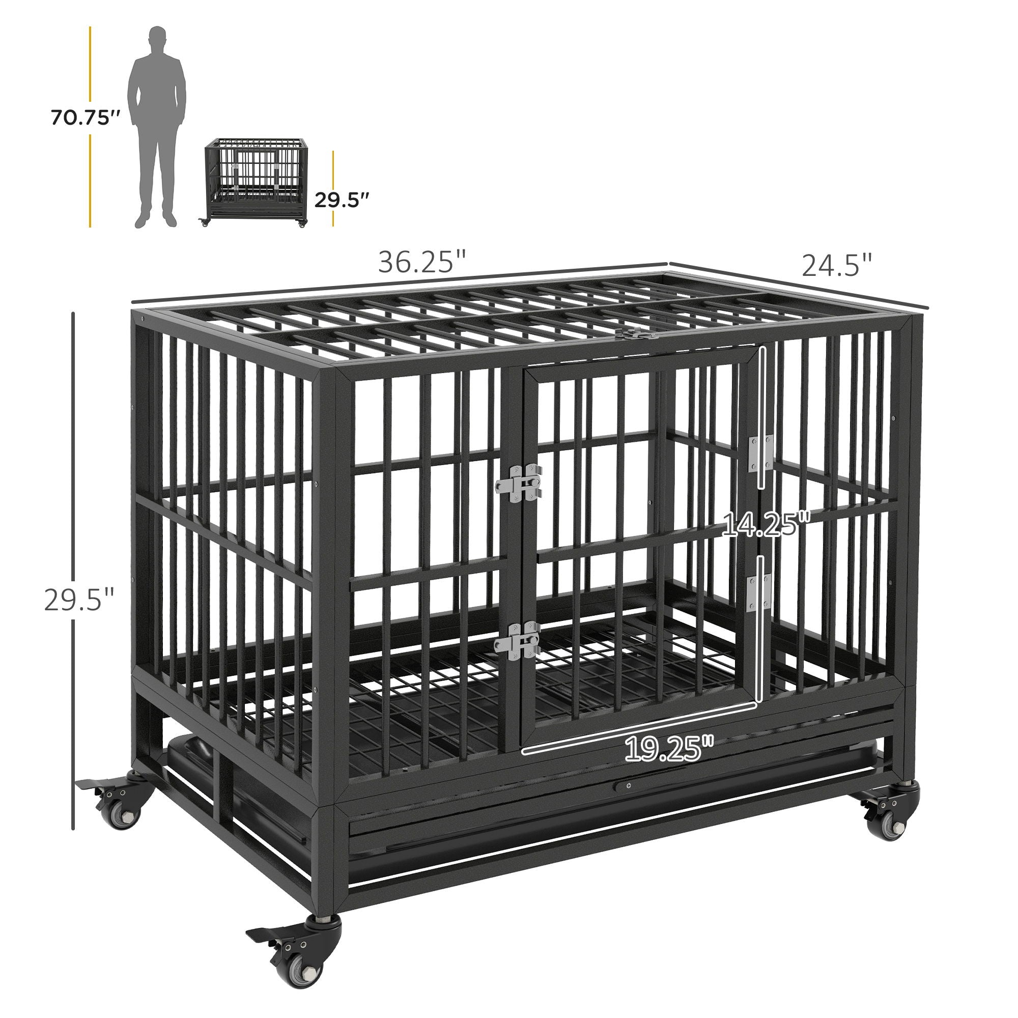 Pawhut - 36&quot; Heavy Duty Dog Crate Metal Cage Kennel With Lockable Wheels, Double Door And Removable Tray - Gray