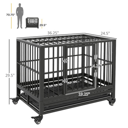 Pawhut - 36&quot; Heavy Duty Dog Crate Metal Cage Kennel With Lockable Wheels, Double Door And Removable Tray - Gray