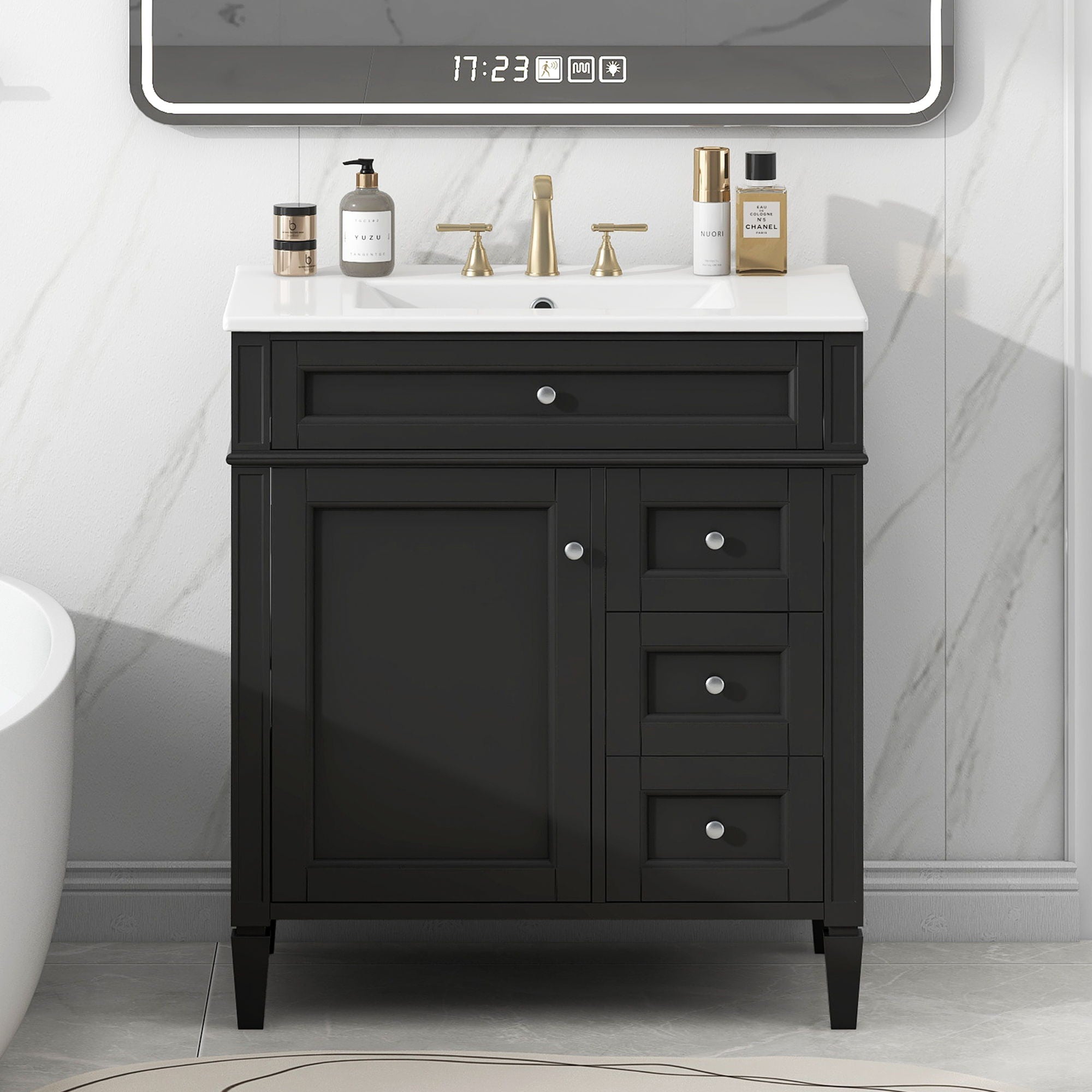 Bathroom Vanity With Top Sink, 2 Drawers &amp; Tip Out Drawer