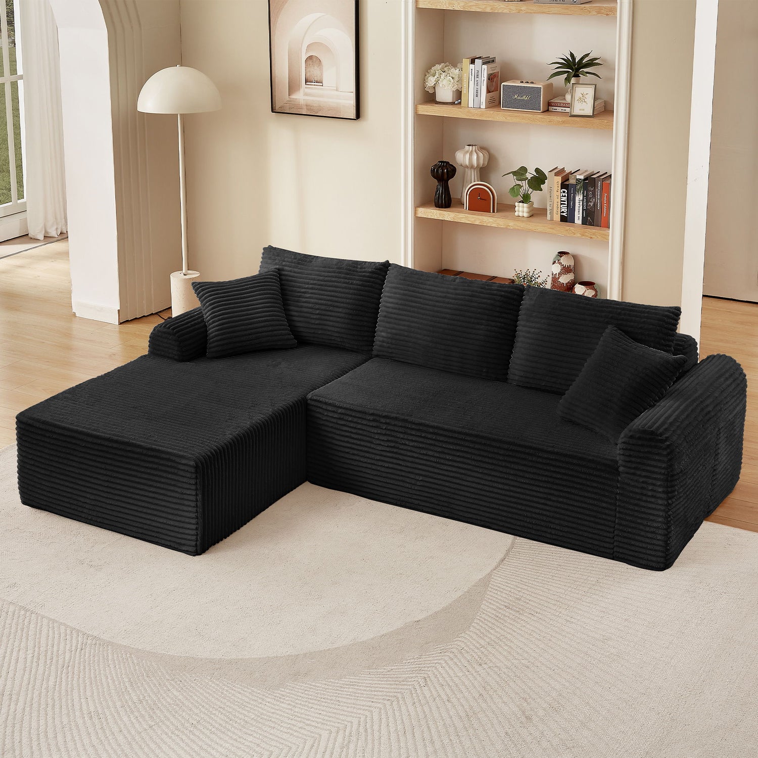 Modular Corduroy Sectional With Arched Armrests, Includes 3 Back Cushions &amp; 2 Throw Pillows