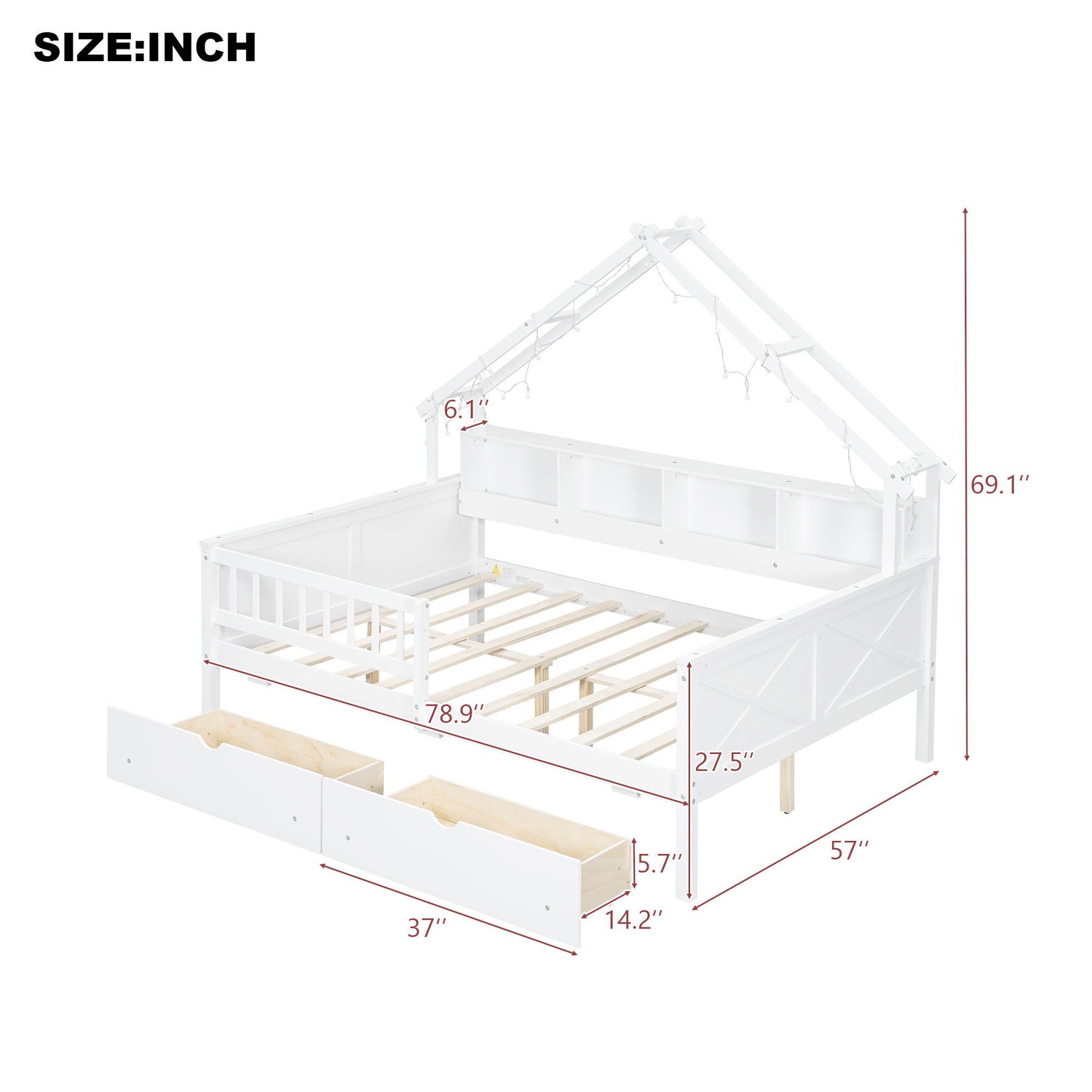 House Style Platform Bed With LED Lights, Storage Shelves, Drawers, And Guardrail