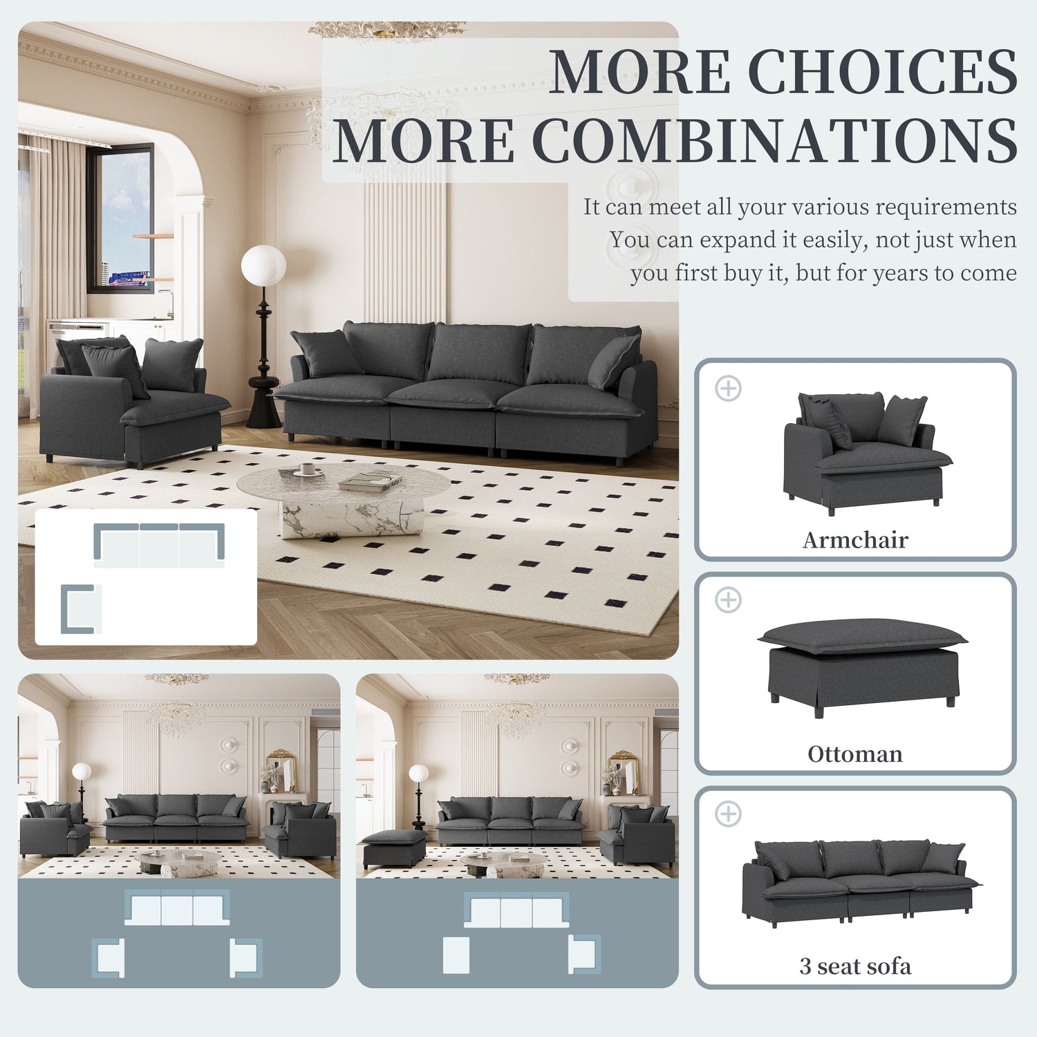 Living Room Set Modular Sectional Couch, Upholstered Sofa &amp; Armchair &amp; Movable Ottoman